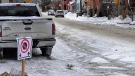 No stopping signs have been installed along many downtown streets because of the ongoing trucker demonstration. Feb. 3, 2022, (Tyler Fleming / CTV News Ottawa)