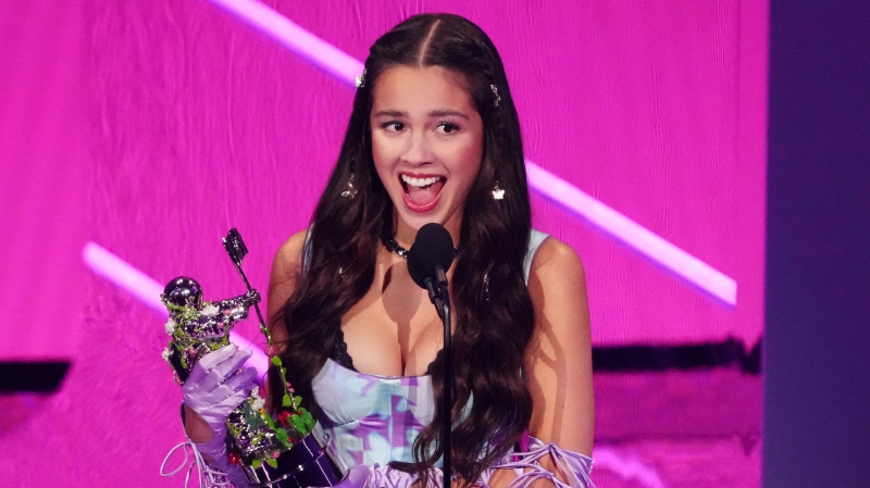 Olivia Rodrigo accepts the award for song of the year for "Drivers License" at the MTV Video Music Awards at Barclays Center on Sunday, Sept. 12, 2021, in New York. (Photo by Charles Sykes/Invision/AP)