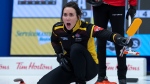 New Brunswick skip Andrea Crawford calls the sweep as they play Team Canada in playoff action at the Scotties Tournament of Hearts at Fort William Gardens in Thunder Bay, Ont. on Friday, Feb. 4, 2022. (THE CANADIAN PRESS/Andrew Vaughan)