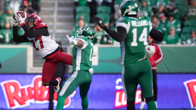 Calgary Stampeders defensive back Jonathan Moxey (27) catchers the ball during the first half of CFL football action in Regina, Sunday, Nov. 28, 2021. (THE CANADIAN PRESS/Kayle Neis)
