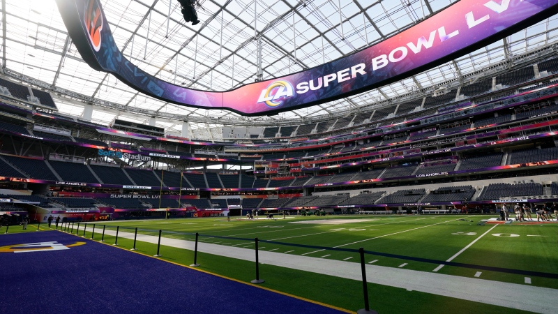 The interior of SoFi Stadium is seen days before the Super Bowl NFL football game Tuesday, Feb. 8, 2022, in Inglewood, Calif. (AP Photo/Marcio Jose Sanchez) 