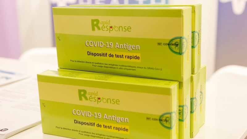 Free COVID-19 rapid antigen test kits are ready for distribution at a pop-up site in Toronto's Yorkdale Shopping Mall on Thursday, December 16, 2021. THE CANADIAN PRESS/Chris Young
