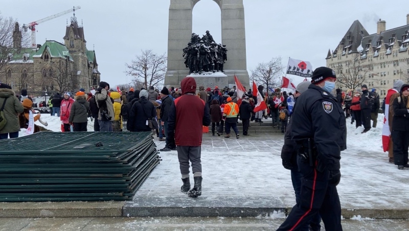 Demonstrators stand at the National War Memorial after tearing down fencing protecting the memorial in downtown Ottawa on Saturday. (Colton Praill/CTV News Ottawa)
