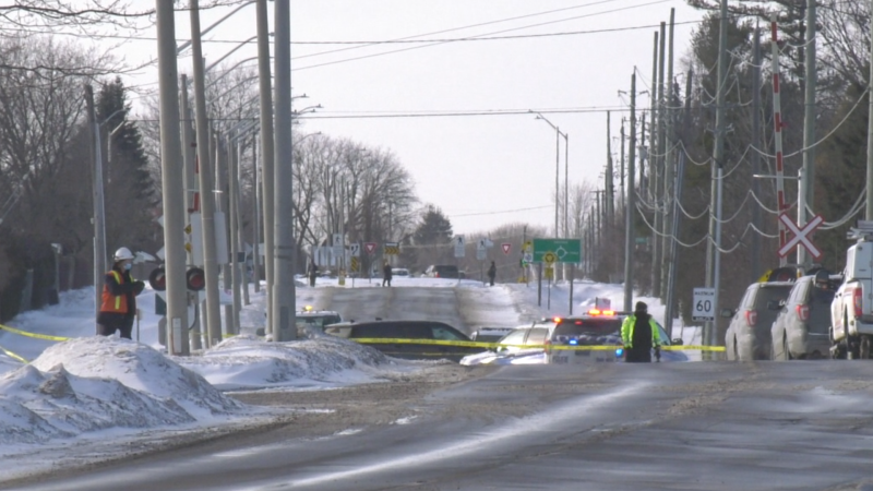 Ottawa police and the Transportation Safety Board are investigating after a Via Rail train struck a pedestrian at Jockvale Road on Saturday. (Shaun Vardon/CTV News Ottawa)