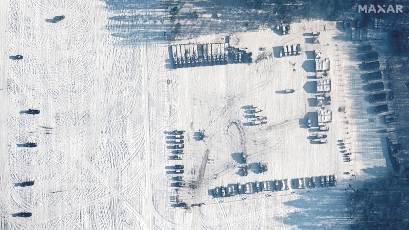 Russia has amassed more than 100,000 troops near Ukraine's border in recent weeks. (Satellite image ©️2022 Maxar Technologies/CNN)