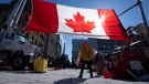 A protester stands under a giant Canadian flag, Monday, Feb. 14, 2022 in Ottawa. The protesters are decrying federal vaccine mandates and provincial COVID-19 restrictions aimed at slowing the spread of the virus, some of which are being rolled back by provinces. (Adrian Wyld/THE CANADIAN PRESS)