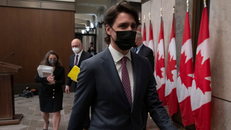 Canadian Prime Minister Justin Trudeau leaves a news conference after announcing the Emergencies Act will be invoked to deal with protests, Monday, February 14, 2022 in Ottawa. Trudeau says he has invoked the Emergencies Act to bring to an end antigovernment blockades he describes as illegal and not about peaceful protest.
THE CANADIAN PRESS/Adrian Wyld
