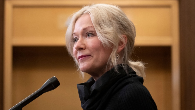 Conservative Interim leader Candice Bergen speaks about the announcement the Emergencies Act will be invoked to deal with antigovernment blockades Monday, February 14, 2022 in Ottawa. THE CANADIAN PRESS/Adrian Wyld