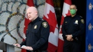 Ottawa Police Chief Peter Sloly listens as Deputy Police Chief Steve Bell speaks at a news conference on updated enforcement measures as a protest against COVID-19 restrictions continues into its second week, in Ottawa, on Friday, Feb. 4, 2022. (Justin Tang/THE CANADIAN PRESS) 