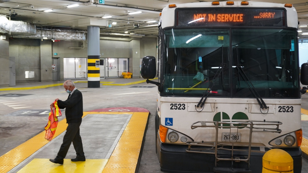 A bus driver disembarks a GO Transit bus