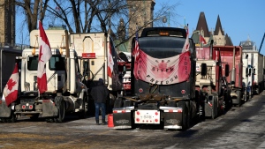 A person walks among trucks as Wellington Street is lined with trucks in Ottawa, on Monday, Feb. 14, 2022. (THE CANADIAN PRESS / Justin Tang)
