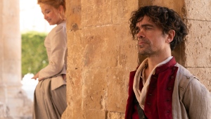 This image released by MGM shows Haley Bennett as Roxanne, left, and Peter Dinklage as Cyrano in Joe Wright's "Cyrano." (Peter Mountain/Metro-Goldwyn-Mayer Pictures via AP)