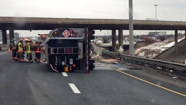 Diesel truck rollover on Highway 427 near Pearson causing significant spill and road closure