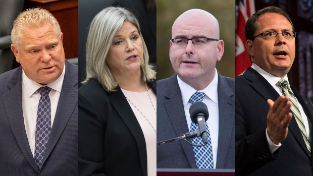 The leaders of the Progressive Conservatives, Ontario NDP, Ontario Liberals and Ontario Green Party are pictured here in a composite image. (The Canadian Press)