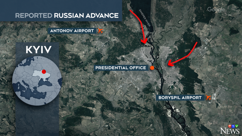 A map of reported Russian advancements on Ukraine's capital city, Kyiv. (CTV News)