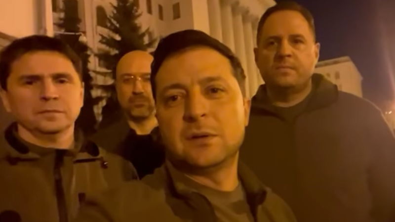 In a still taken from video, Ukrainian President Volodymyr Zelensky is seen with other Ukrainian officials in Kyiv. (Volodymyr Zelensky via Storyful)