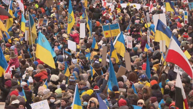 Hundreds march through downtown Toronto in support of Ukraine