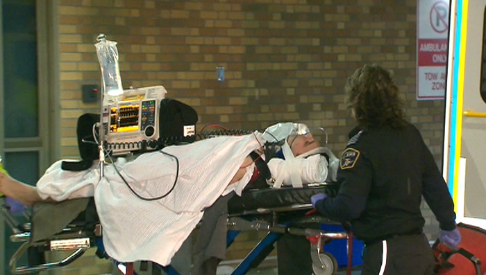 The victim arrives of the Markham shooting at Sunnybrook Health Sciences Centre in Toronto, late Wednesday, Dec. 9, 2009.