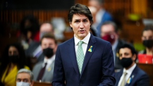 Prime Minister Justin Trudeau speaks in the House of Commons, on Parliament Hill in Ottawa, Monday, Feb. 28, 2022, to take note of Russia's attack on Ukraine. THE CANADIAN PRESS/Sean Kilpatrick
