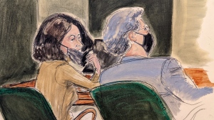 In this courtroom sketch, Ghislaine Maxwell, left, pulls down her mask to talk to one of her lawyers, Jeffrey Pagliuca, during Maxwell's sex trafficking trial, Monday, Dec. 27, 2021, in New York. (AP Photo/Elizabeth Williams)