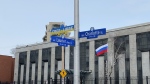 The city of Ottawa installed "Free Ukraine" signs on Charlotte Street, across the street from the Russian Embassy. (Leah Larocque/CTV News Ottawa)