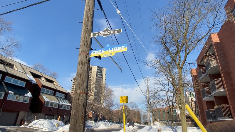 The House of Commons supported a motion from NDP MP Charlie Angus calling on the city of Ottawa to rename part or all of Charlotte Street in honour of Ukraine's president. (Natalie Van Rooy/CTV News Ottawa)