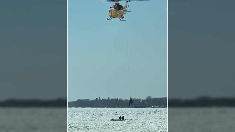 Emergency crews rescued two boaters who became stranded in Lake Ontario ice in Prince Edward County on Sunday. (OPP)