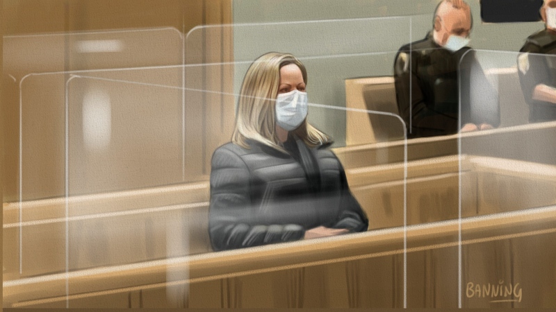 'Freedom Convoy' organizer Tamara Lich appears in court Monday, March 7, 2022, as seen in this courtroom sketch by illustrator Greg Banning. Lich was released from custody on $25,000 bond following a bail review. (Image: Greg Banning)
