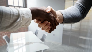 In this stock photo, two people are seen shaking hands. (Tumisu / Pixabay)