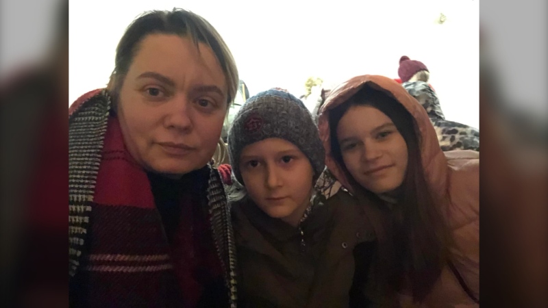 Mary Mokrushyna's mother Olga, brother Petro, 8, and sister Alisa, 12, in a bunker in Cherkasy, Ukraine. (Courtesy Mary Mokrushyna)