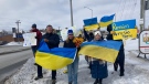 Sudbury residents rallying in support of Ukraine at the city's Four Corners. Mar. 12/22 (Alana Everson/CTV Northern Ontario)