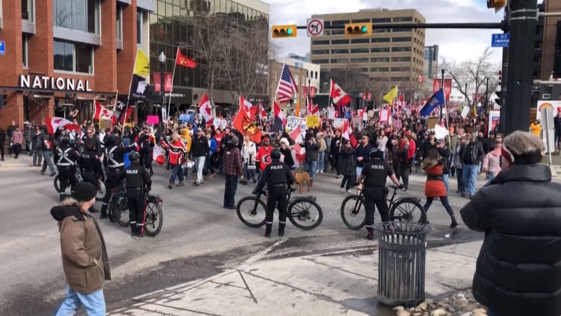 Participants in a 'freedom' rally on 17th Avenue S.W. on March 12, 2022. CEMA has included civil disobedience on its list of 16 potential high risk disasters for the city.