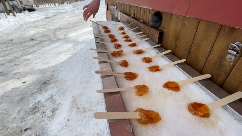 Maple taffy is served up at The Log Farm in west Ottawa. (Peter Szperling/CTV News Ottawa)