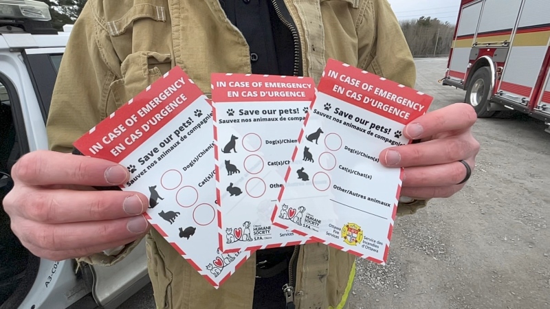 Ottawa Fire Public Information Officer, Nicholas DeFazio holding the new decals. (Dave Charbonneau/CTV News Ottawa)