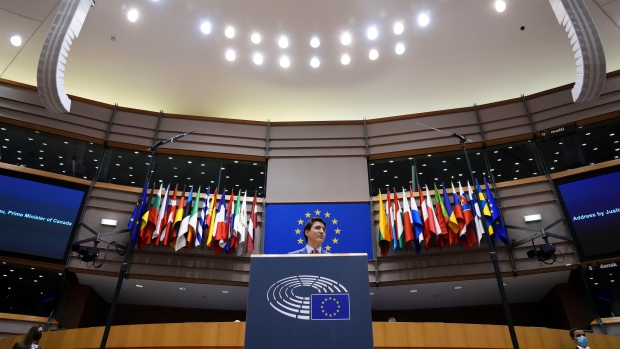 Prime Minister Justin Trudeau addresses the European Parliament in Brussels, Belgium on Wednesday, March 23, 2022. THE CANADIAN PRESS/Sean Kilpatrick