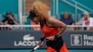 Naomi Osaka, of Japan, reacts as she wins her second round women's match against Angelique Kerber, of Germany, at the Miami Open tennis tournament, Thursday, March 24, 2022, in Miami Gardens, Fla. (AP Photo/Rebecca Blackwell)