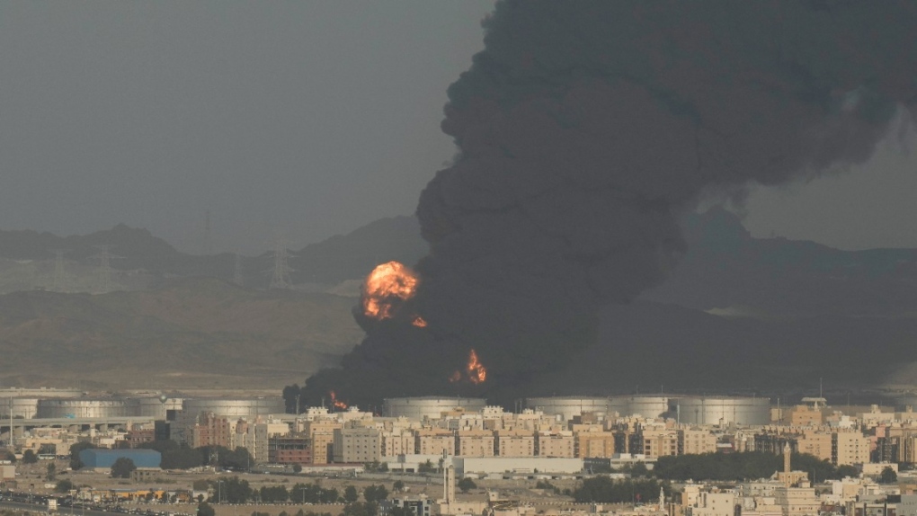 A burning oil depot in Jiddah, Saudia Arabia