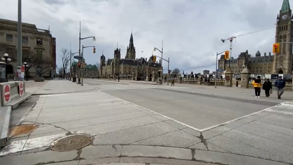Wellington Street in front of Parliament Hill remains closed to vehicle traffic one month after the Freedom Convoy demonstration was removed from downtown Ottawa. (Natalie Van Rooy/CTV News Ottawa)