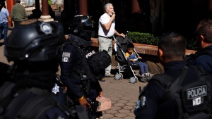 Police in San Jose de Gracia in Michoacan state, Mexico, on Feb. 28, 2022. (Armando Solis / AP) 