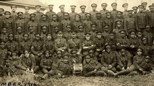 Members of the all-Black No. 2 Construction Battalion are shown in this historic photo. 