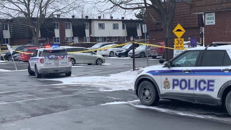 The Ottawa police homicide unit investigates a woman's death on Heatherington Road on Monday, March 28, 2022. (Christopher Black/CTV News Ottawa)