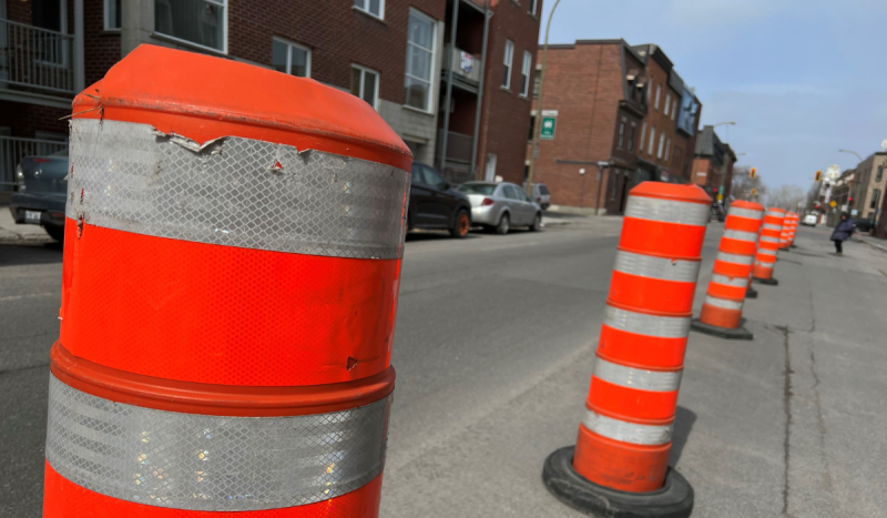 Cones line a construction site in Montreal. (Daniel J. Rowe/CTV News)