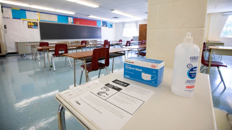 A physically distanced classroom with masks and hand sanitizer is seen at Kensington Community School amidst the COVID-19 pandemic on Tuesday, September 1, 2020. THE CANADIAN PRESS/Carlos Osorio