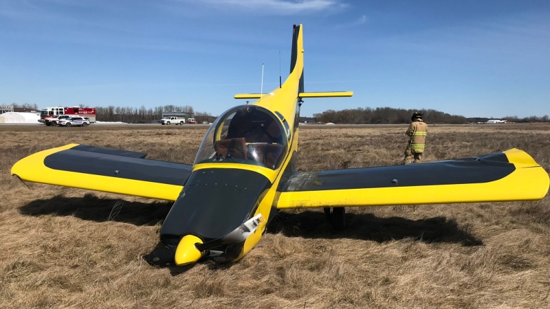A small plane crashed into a field near the Carp Airport in rural west Ottawa Saturday, April 2, 2022. Two people were on board. (Ottawa Fire Service/Twitter)