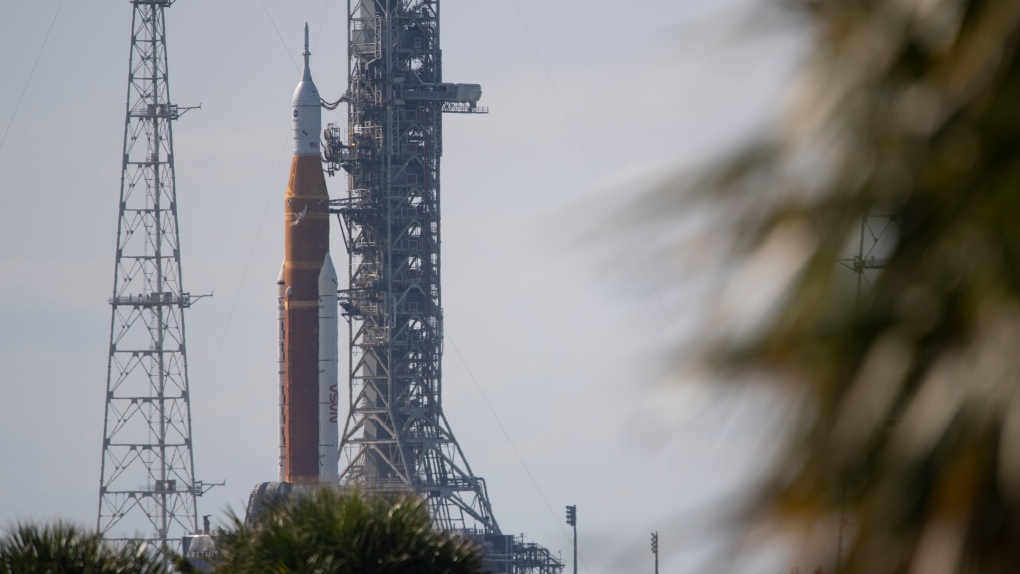 Orion spacecraft stands on a mobile launcher