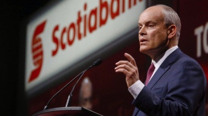 Brian Porter, president and CEO of Scotiabank, addresses the company's annual meeting in Calgary, Tuesday, April 12, 2016. Porter will retire in 2023. THE CANADIAN PRESS/Jeff McIntosh