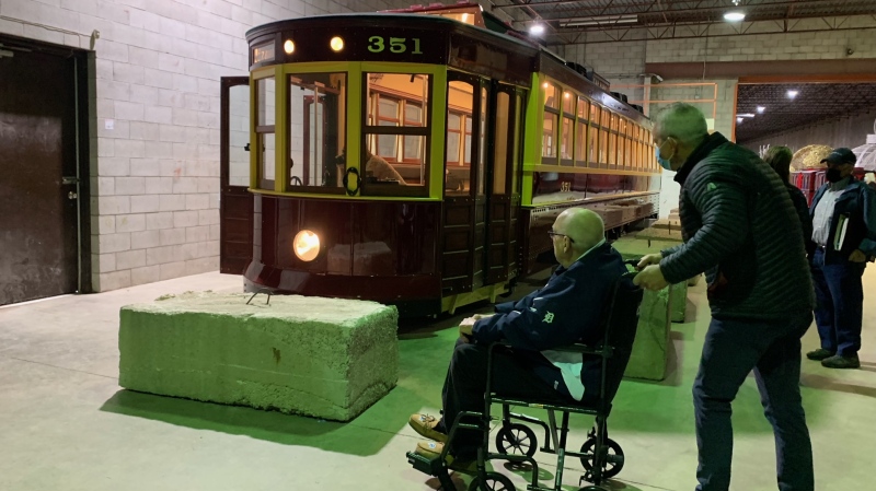 Eugene 'Gerry' Meloche has a special tour of the streetcar which nearly killed him 90 years ago in Windsor, Ont. on Thursday, April 7, 2022. (Chris Campbell/CTV Windsor)