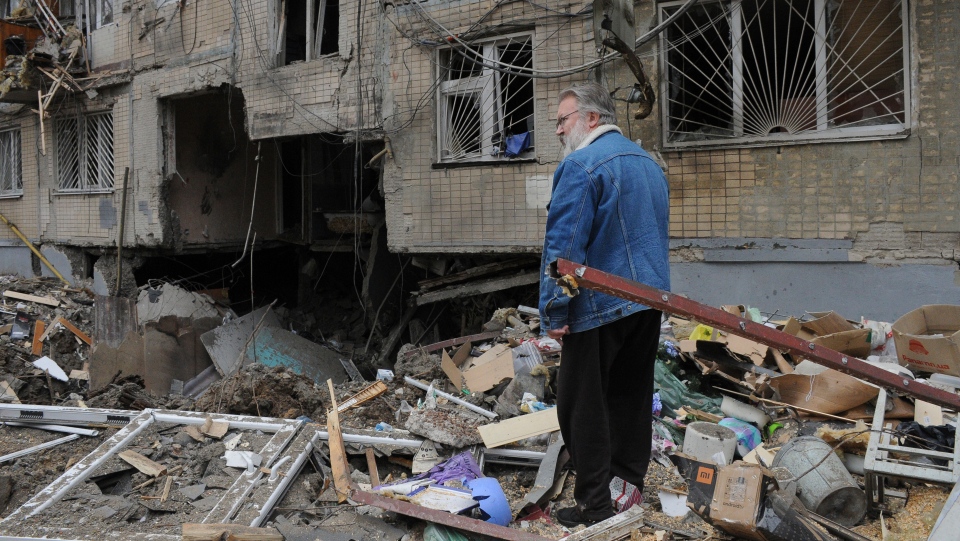 Shelled apartment building in Kharkiv