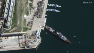 This satellite image provided by Maxar Technologies shows the cruiser Moskva in port Sevastopol in Crimea on April 7, 2022. (Satellite image ©2022 Maxar Technologies via AP)