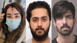 Elnaz Hajtamiri (L) was allegedly assaulted on Dec. 20, 2021. Harshdeep Binner (C), Riyasat Singh (R) have been identified in connection with the assault by police. (Supplied)